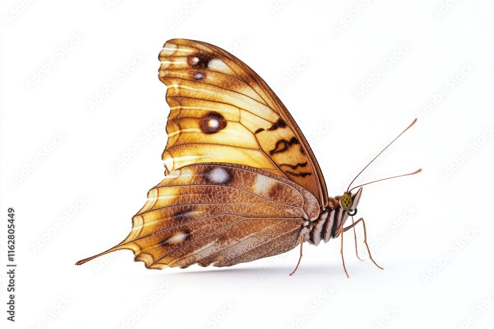 Poster A macro shot of a butterfly perched on a white background, ideal for use in designs where a small insect detail is needed