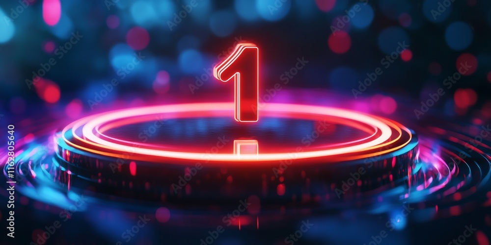 Poster a vibrant digital number one illuminated with neon lights, set against a colorful bokeh background r
