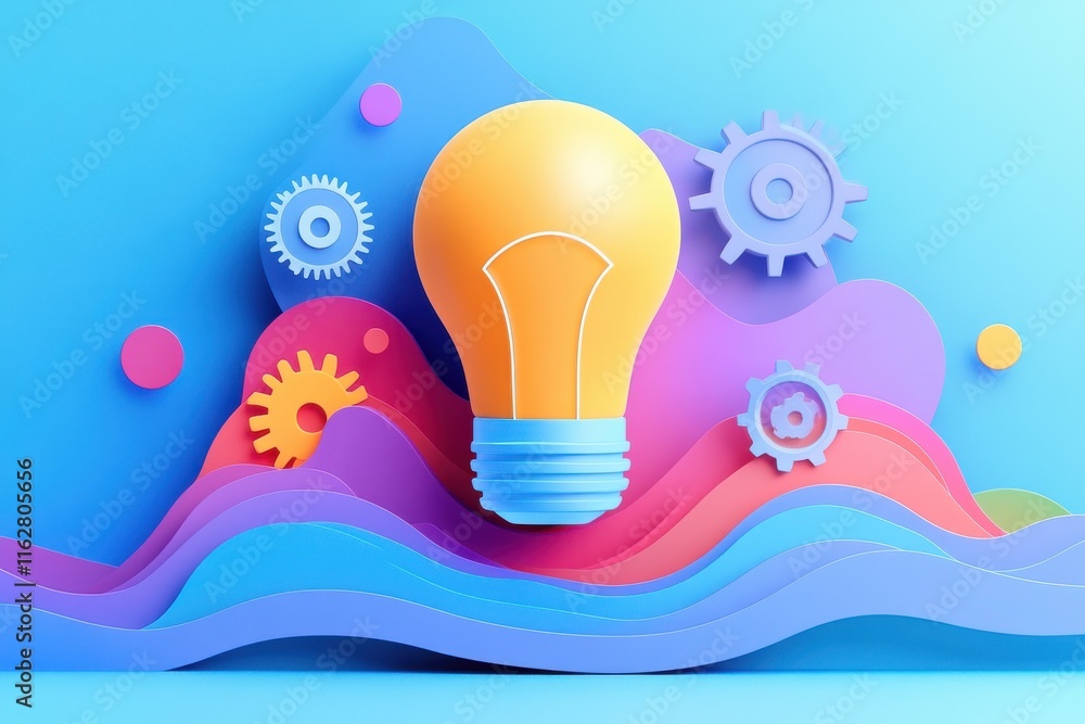 Aufkleber vibrant digital illustration of light bulb with gears and cogs on a blue gradient background in a st
