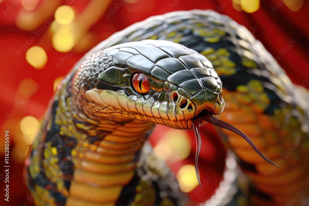 Poster a close-up shot of a snake's head and body on a bright red background