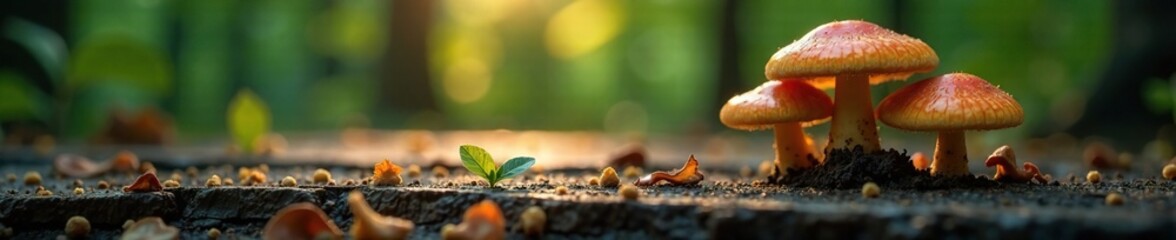 Dark forest fungi on wooden planks against natural light, tree bark mushrooms, nature's art