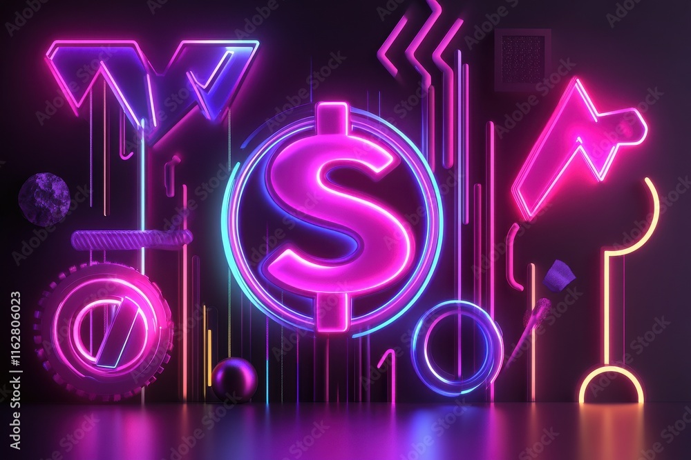 Poster futuristic neon currency icon surrounded by technology elements in a dark gradient background for mo