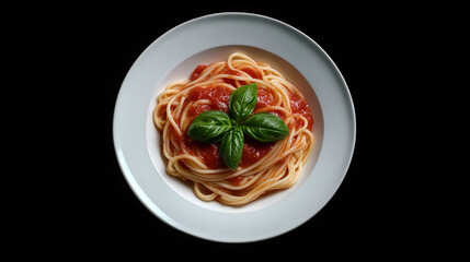Pasta in tomato sauce with a sprig of bzelik in a white plate on a black background.