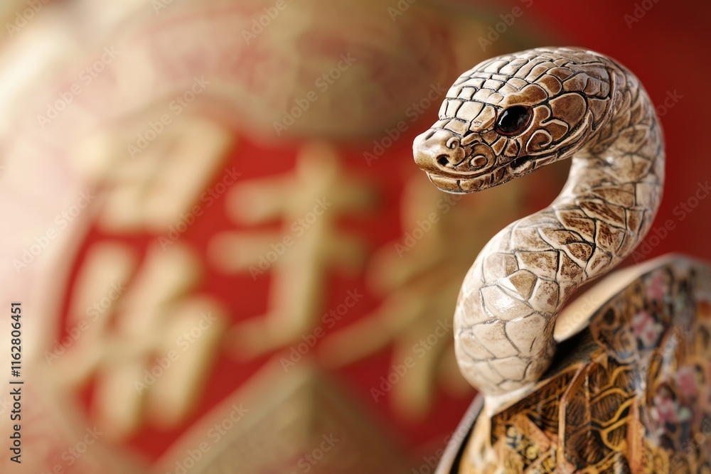 Poster a detailed view of a snake statue's face with intricate features