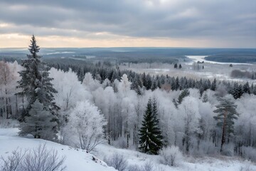 Obraz premium A vast, panoramic Russian winter landscape with snow-covered trees, a dense forest stretching into the horizon, and a serene, cold atmosphere under a pale winter sky.