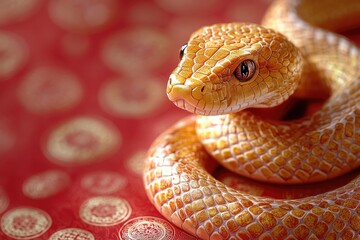 Fototapeta premium Close-up shot of a snake's head and body on a red surface, perfect for use in science or wildlife illustrations