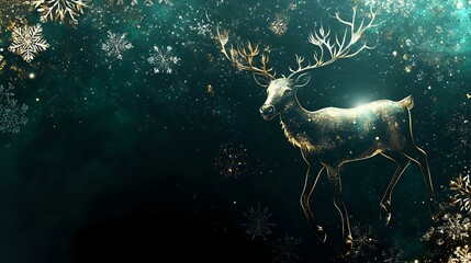 Magical Christmas and New Year banner featuring enchanted reindeer, glowing snowflakes and elegant gold script on a deep emerald background