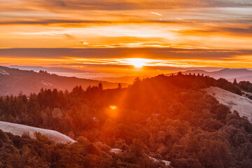 Breathtaking, beautiful sunrise view in mountains Silicon Valley, dreamy backdrop for trekking enthusiasts. Travel moment captures natures harmony and the allure of morning light in California's hills