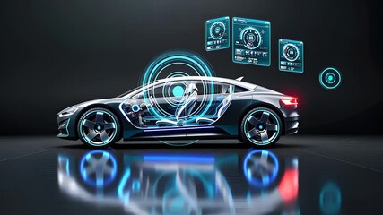 Futuristic Electric Car Concept with Digital Interface and Holographic Display Showcasing Advanced Features

 - Powered by Adobe