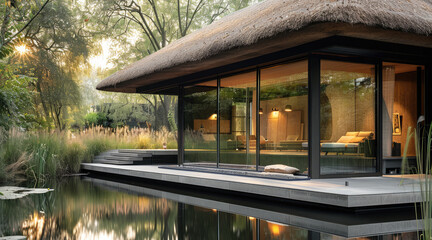 Fototapeta premium A tranquil retreat featuring a modernist concrete and glass structure with a large, thatched roof made from straw and reeds. The natural materials help regulate the internal environment and peaceful.