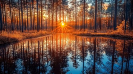 Obraz premium Serene Forest Scene with Reflective Water and Sunrise