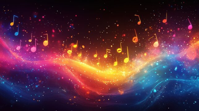 A vibrant backdrop with stylized rainbow musical notes flowing across the design and a blank central area for text 