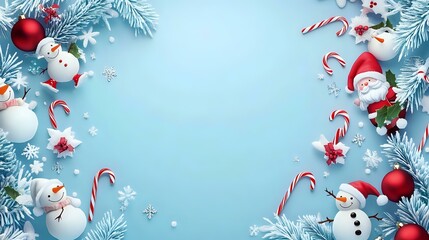 Playful Christmas and New Year banner with cartoon-style Santa Claus, snowmen and candy canes over a frosty blue background