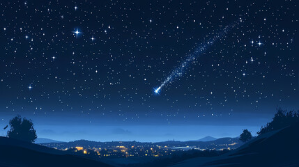Starry night sky over a serene landscape. a beautiful starfall creates a feeling of miracle. Starfall. Illustration