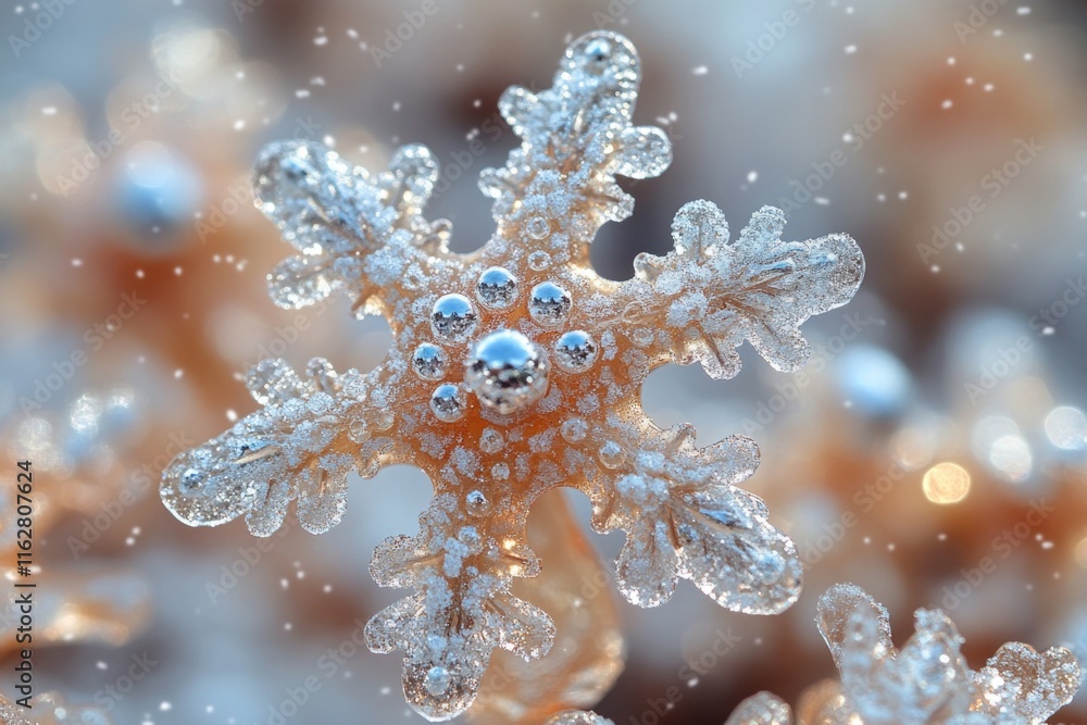 Poster A detailed view of a single snowflake on a snowy surface, perfect for winter-themed designs and projects