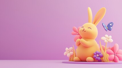 Obraz premium Easter bunny and hope concept. Cute yellow bunny surrounded by colorful flowers on a pink background.
