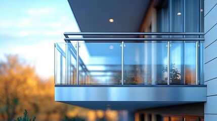 A balcony with glass railings on the side of a building, suitable for cityscape or architecture photoshoots
