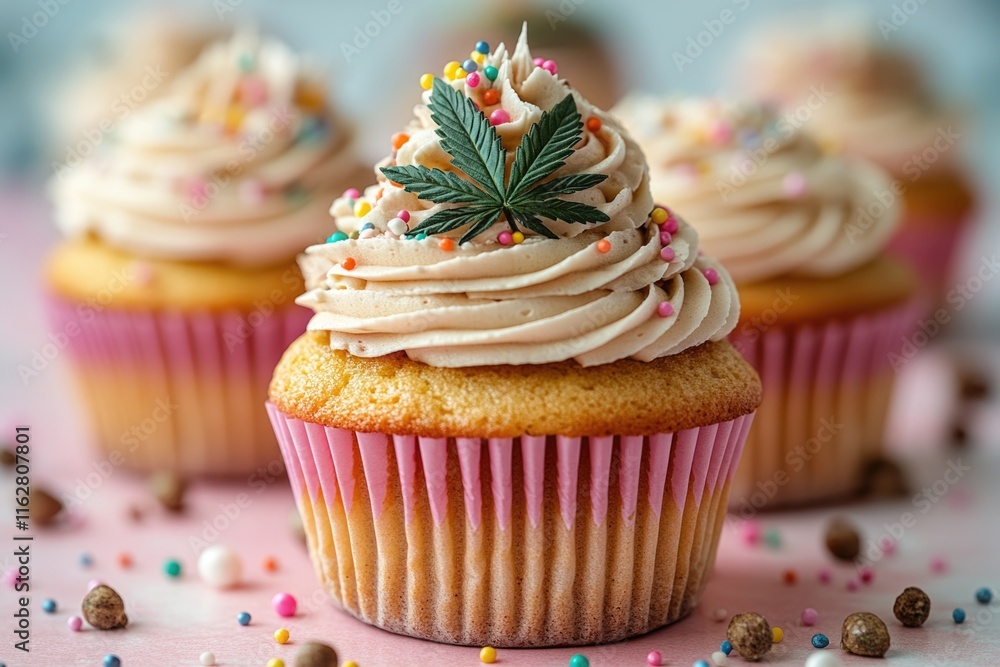 Aufkleber a close-up shot of a delicious cupcake with creamy frosting and colorful sprinkles