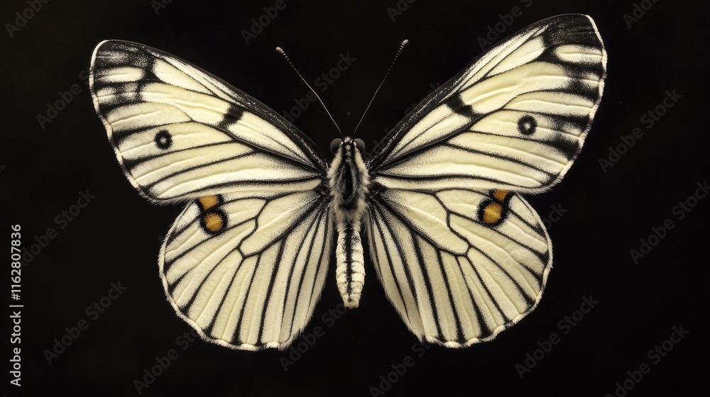 Poster a close-up shot of a colorful butterfly perched on a black surface
