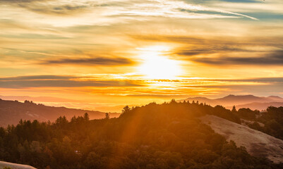 Breathtaking, beautiful sunrise view in mountains Silicon Valley, dreamy backdrop for trekking enthusiasts. Travel moment captures natures harmony and the allure of morning light in California's hills