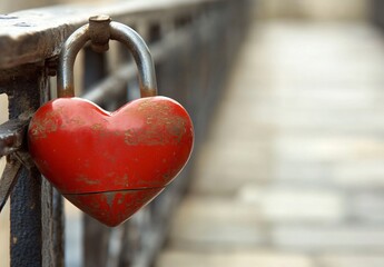 Romantic Red Heart Lock on Metal Fence: Love and Commitment Symbol