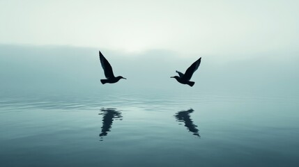 Naklejka premium Serene Seascape with Birds in Symmetrical Composition