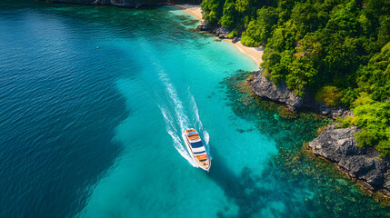 Aerial view of a speedboat cruising through clear turquoise waters along a lush tropical coastline with vibrant greenery and sandy beaches. A serene and adventurous scene.