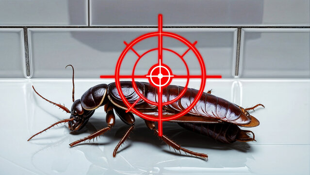A cockroach on a wooden floor with a red target-like circle drawn around it, suggesting a focus on pest control.