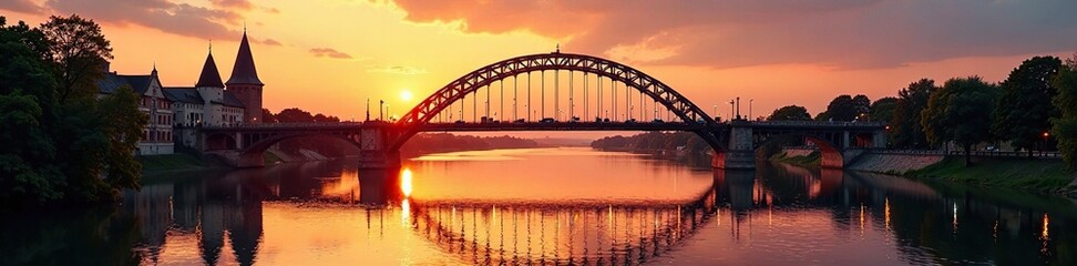 Naklejka premium Historic bridge at sunset partially submerged in Rhine River, arch bridge, Rhine River