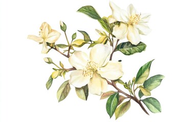 Watercolor illustration of white flowers on a branch, great for backgrounds or decoration