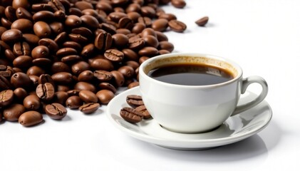 Isolated cup of espresso with freshly roasted coffee beans in the background, dark brown, espresso, roast
