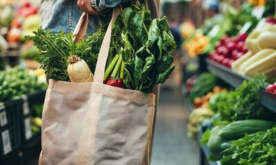 A person carries a tote bag filled with fresh vegetables at a market.