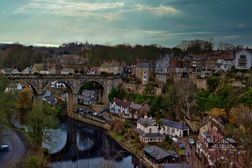 Stone Viaduct and Riverside Residential Buildings,  in Knaresborough, UK.