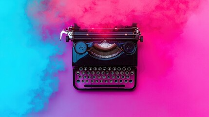 A vintage typewriter surrounded by colorful smoke, blending creativity and nostalgia in a vibrant, artistic display. © saichon