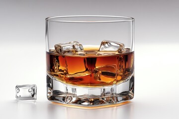 A glass of whiskey with ice cubes on a table, perfect for a relaxing evening