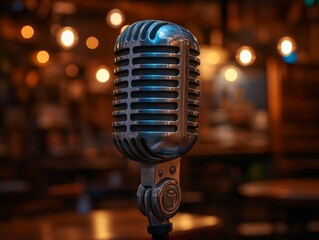 A vintage microphone stands in a cozy bar setting, illuminated by warm lights, capturing the...