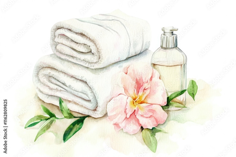 Poster A collection of towels and a bottle of soap on a surface