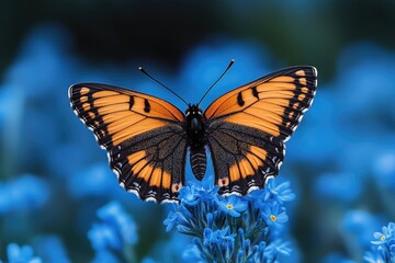 Obraz premium A butterfly perches on the petals of a bright blue flower