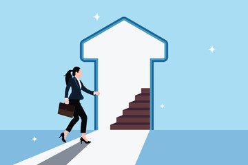 Concept image of an open door to success or career opportunities. Ladder or step to new opportunities.Open door for businesswomen to climb the ladder of success.Concept of progress or problem solving.