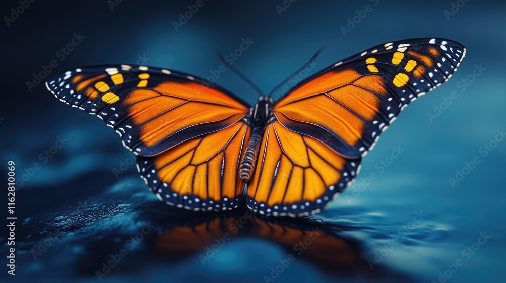 Poster A close-up view of a butterfly perched on a flat surface, showcasing its intricate details and colors
