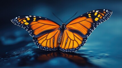 Fototapeta premium A close-up view of a butterfly perched on a flat surface, showcasing its intricate details and colors