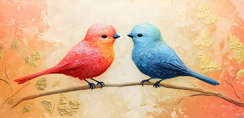 Two birds in love on beige pastel background. Wallpaper