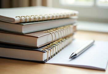 Fototapeta premium A stack of spiral-bound notebooks with a pen rests on a wooden table near a window.