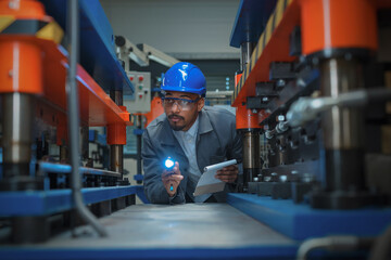 African American maintenance engineer in an industry plant, carefully looking into checklist and...