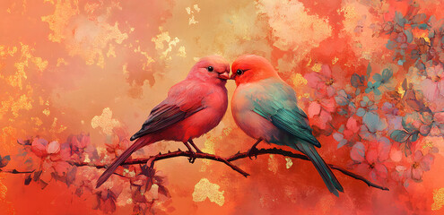 Two birds in love surrounded with pink flowers