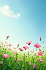 Fototapeta premium Pastel pink wildflowers sway gently in a spring breeze, against a soft blue sky and lush green grass, meadow, pastel