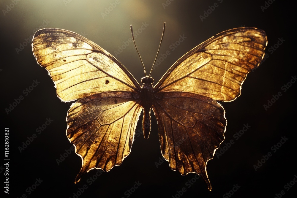 Poster a close-up shot of a butterfly perched on a dark background, highlighting its intricate details