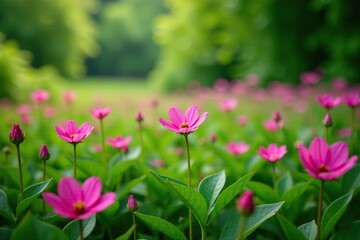 Obraz premium Pink and purple wildflowers in a field of lush green foliage, landscape, flora