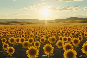 Obraz premium Breathtaking Mid-Shot of Vibrant Sunflowers Facing the Sun with Distant Rolling Hills as a Serene Backdrop in Bright Daylight