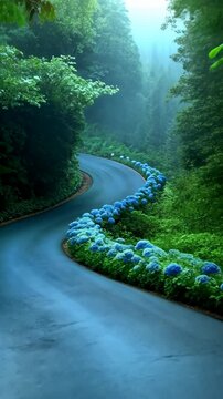 Winding road bordered by blooming hydrangeas in a lush green forest setting at dawn